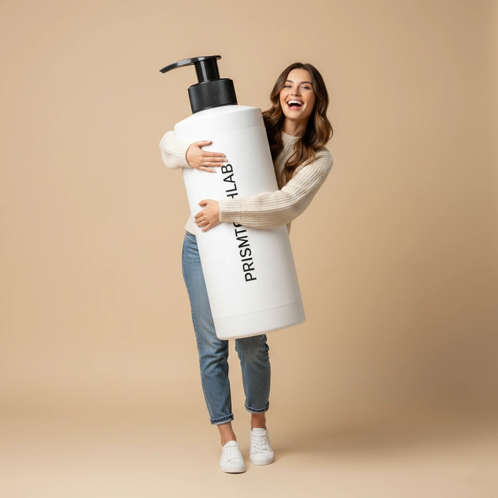 A cheerful woman in a cream sweater hugging a giant white Prismtechlab lotion bottle with a black pump dispenser against a soft neutral studio background, high-resolution commercial skincare photography.